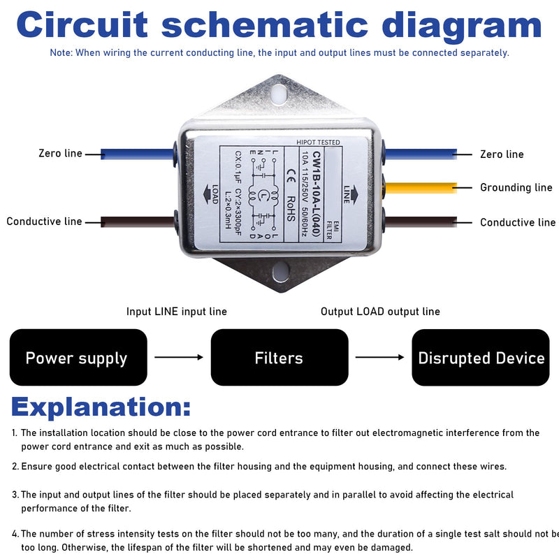 EMI Filter CW1B-10A-L Single-Phase Filter 250V 10A Electromagnetic Interference Filter Mains Filter for Suppressing Continuous and Intermittent Pulse Interference