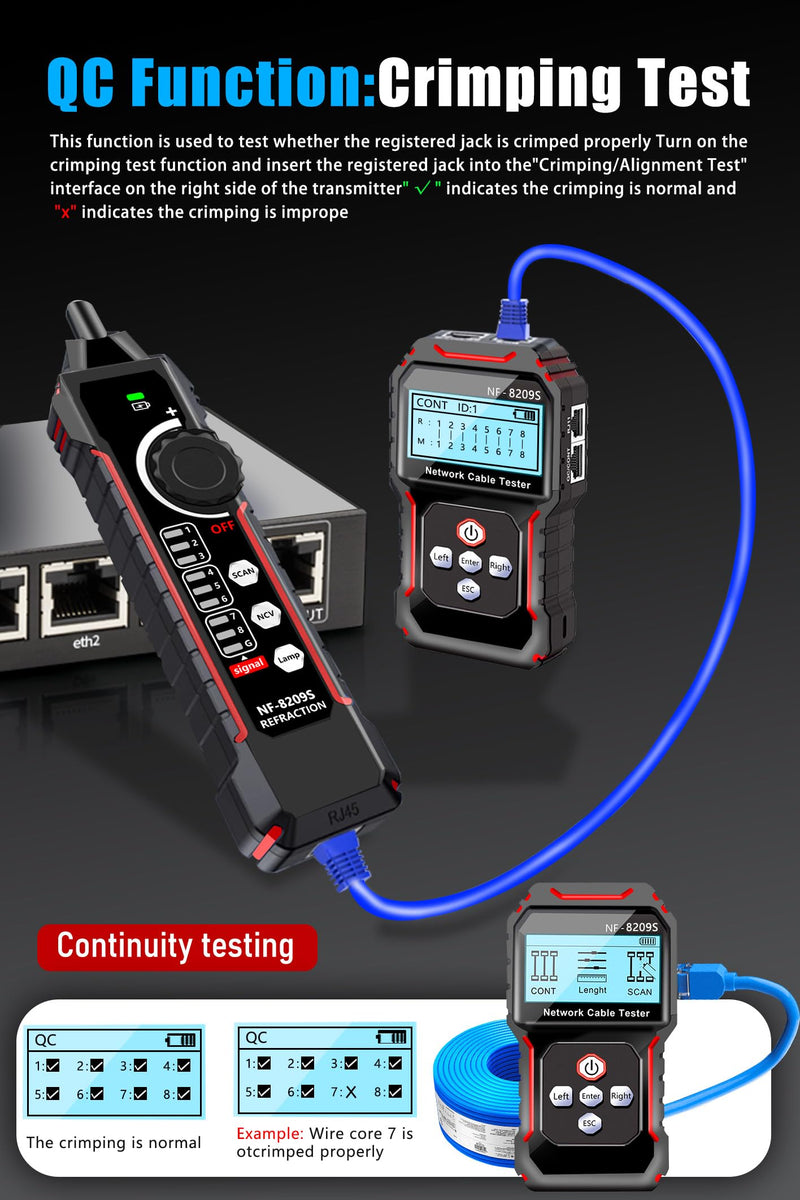 [Australia - AusPower] - NF-8209S RJ45 Network Cable Tester Ethernet Tester with PoE/NCV Cable Length Test, Port Flashing, CAT5, CAT6, CAT7 and CAT6a Anti-Interference Scanner LAN Line Tracer Network Toner Tool 
