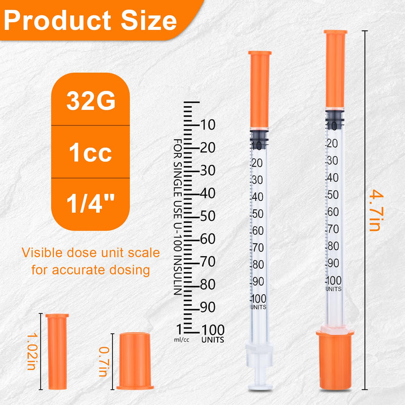 U-100 1ml Syringe 32 Gauge 1/4 Inch(6mm), 1cc Lab Supplies, Individually Sealed Pack of 100 1ml 32G 1/4 In 100.0