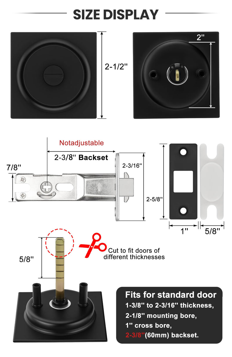 goldenwarm Matte Black Pocket Door Lock with Pull, Square Pocket Door Hardware 2-3/8" Backset, Black Pocket Door Handles 1 Pack 2-3/8” Latch