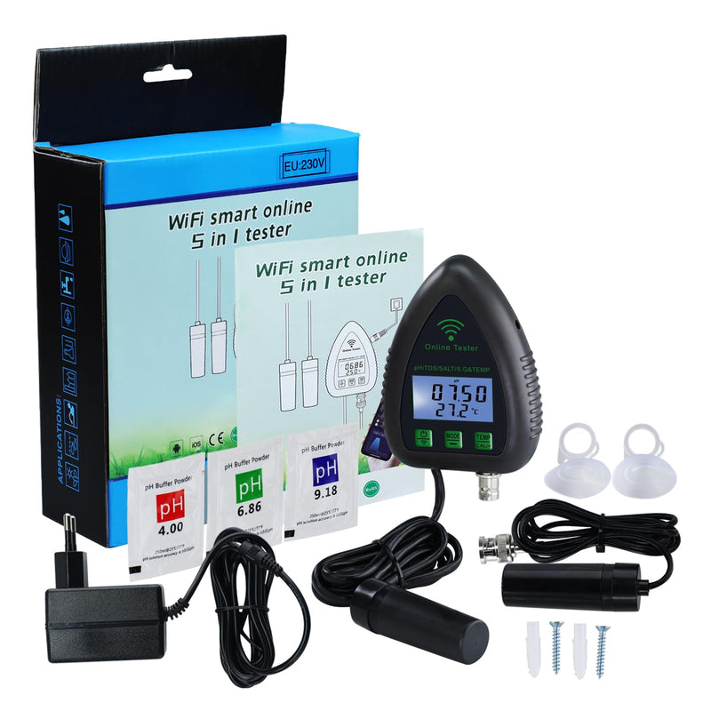[Australia - AusPower] - 5-in-1 WiFi pH Monitor, Water Quality Tester, pH/S.G/TDS/Salt/Temperature 24/7 Online Hydroponic Monitoring WiFi Tester with Data Logging and Alarm for Aquarium Fish Pond Saltwater Pool 