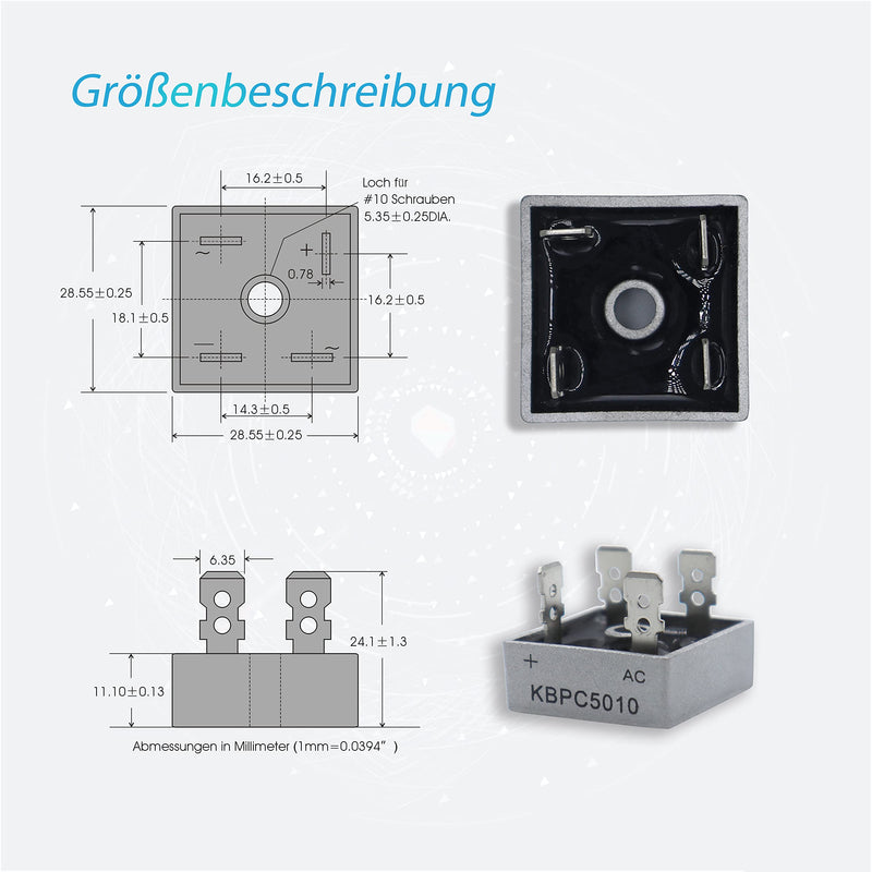 5 Piece KBPC5010 Bridge Rectifier Diode Set, 50 A 1000 V Single Phase Full Wave Metal Housing 4 Pin Through Hole