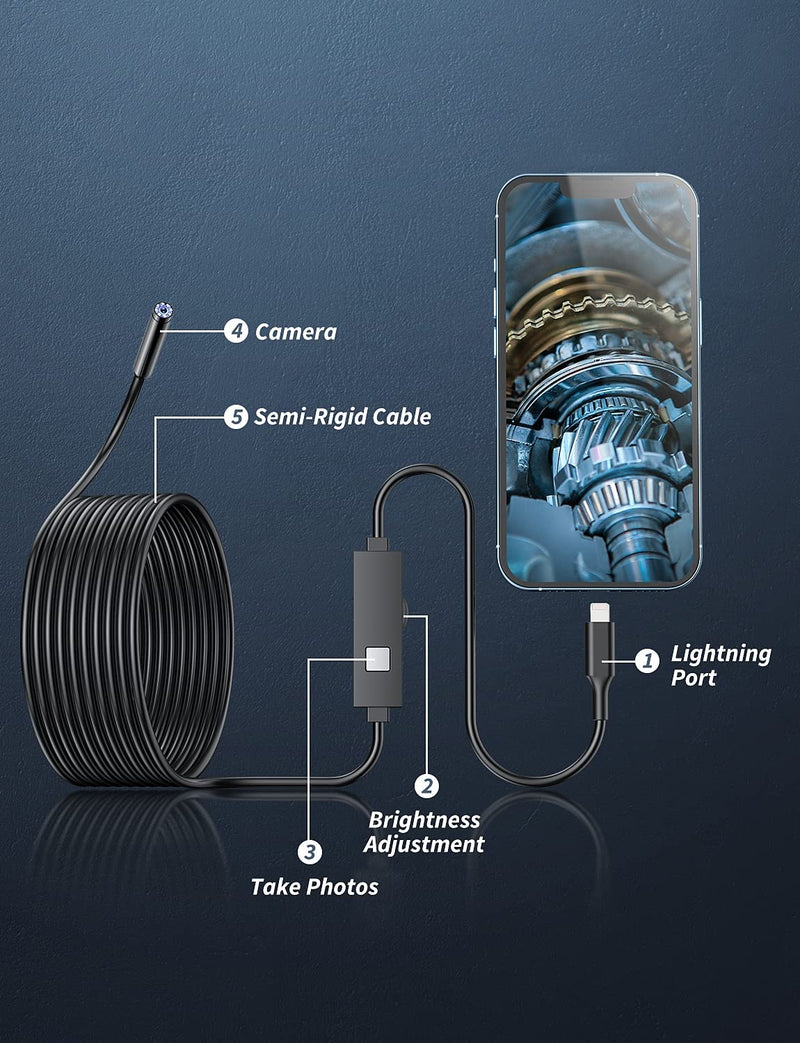 [Australia - AusPower] - Endoscope Camera with Light, 1920P HD Borescope Tools with 8 Adjustable LED Lights, Endoscope with 16.4ft Semi-Rigid Snake Camera, 7.9mm IP67 Waterproof Inspection Camera for iOS (Black) 