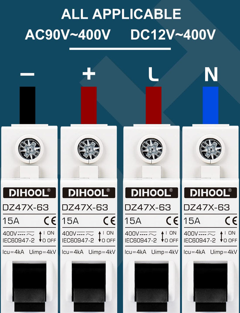 [Australia - AusPower] - DIHOOL AC/DC Miniature Circuit Breakers, 2 Pack, Single Pole 15 Amp, 12V 24V 48V 400V, Non Polarized, Solar Disconnect Switch, DIN Rail Mount, RV Battery Isolator, PV Array MCB, Thermal Magnetic Trip 15a 