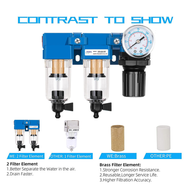 [Australia - AusPower] - NANPU 1/4" NPT Air Drying System - Double Air Filters, Air Pressure Regulator Combo - Manual Drain, Poly Bowl - DFR-02M 