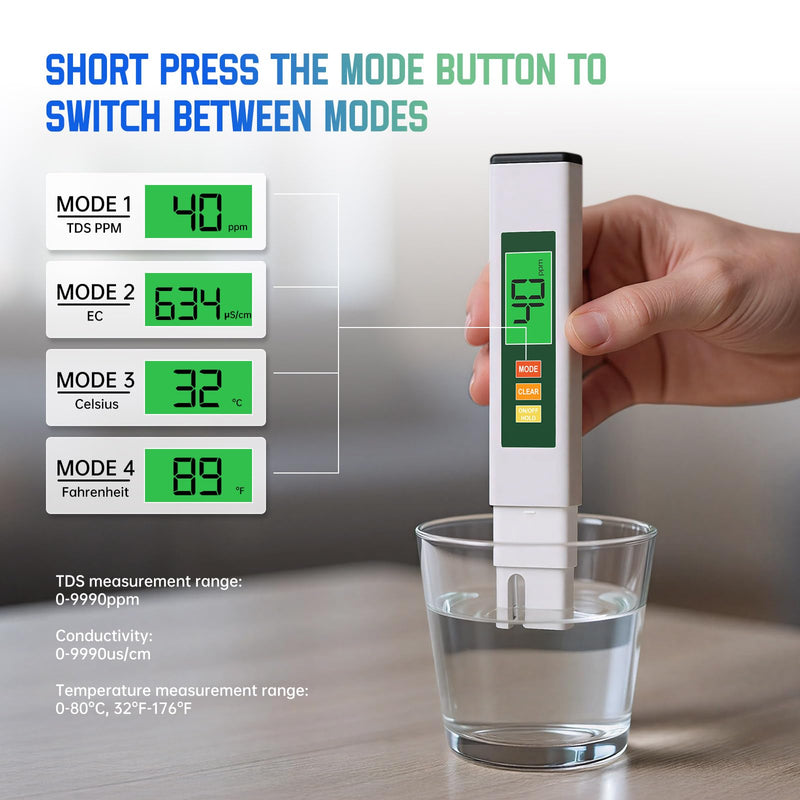 [Australia - AusPower] - TDS Water Tester, 4 in 1 TDS Meter Digital Water Tester for Drinking Water, Professional 0-9990ppm PPM EC & Temp Water TDS Meter for Home & Travel Regular Water Quality Testing White & Green 6 in 6 inches 
