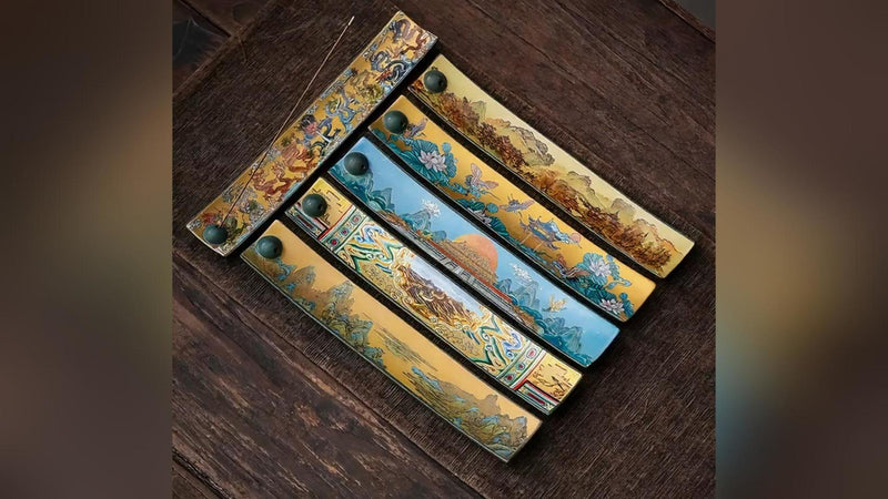 Chinese Incense Stick Holder with Ash Catcher - Ceramic Incense Burner with Ancient Painting, for Zen Meditation, Home Decor & Gift Imperial Dragons