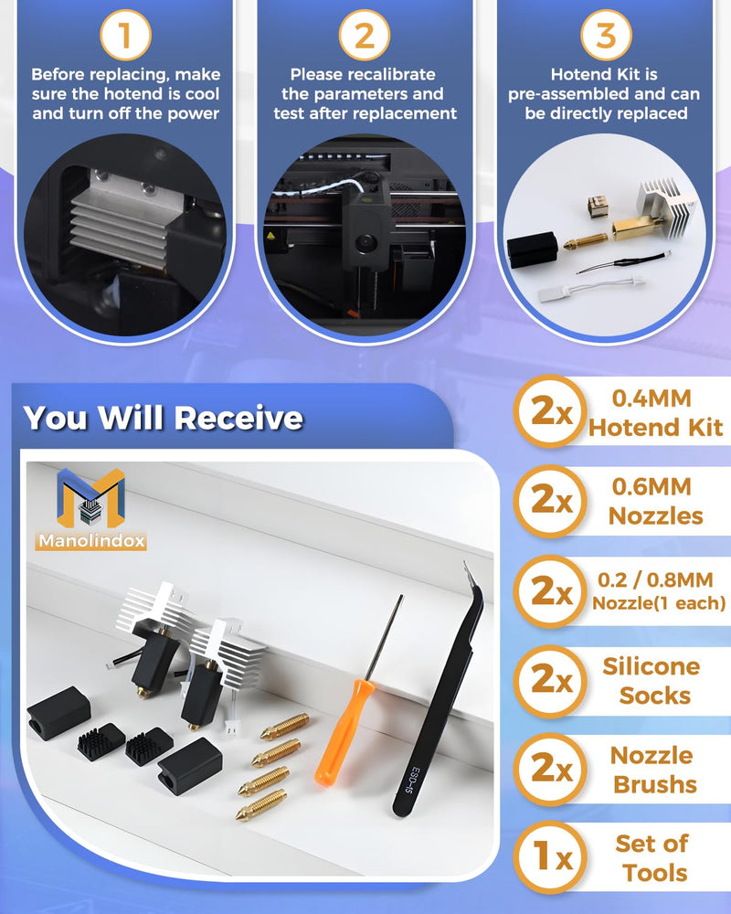 [Australia - AusPower] - 2Pack 0.4MM Upgrade Ceramic Hotend for Elegoo Centauri Carbon, Thermal Efficiency Increased by 15%, with 0.6/0.8/0.2MM Hardened Steel Brass Nozzle Brush Silicone Socks and Kit Tools 0.4+0.4MM CC Hotend 