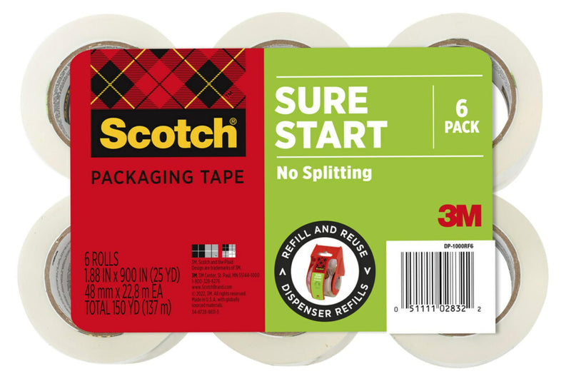 Scotch Sure Start Packing Tape 6-Pack, 1.88″ x 25 yd Rolls – Quiet Easy Unwind, Strong Seal for Shipping & Moving Boxes, No Splitting or Tearing, Clear Adhesive Tape Refill for Packing/Mailing