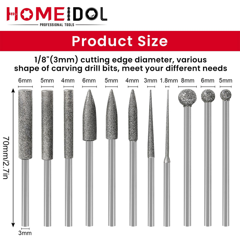 [Australia - AusPower] - Stone Carving Set Diamond Burr Bits Compatible with Dremel, 11PCS Polishing Kits Rotary Tools Accessories with 1/8 Shank for Carving, Engraving, Grinding, Stone, Rocks, Jewelry, Glass, Ceramics 0.5-6mm burr head 1/8'' shank 