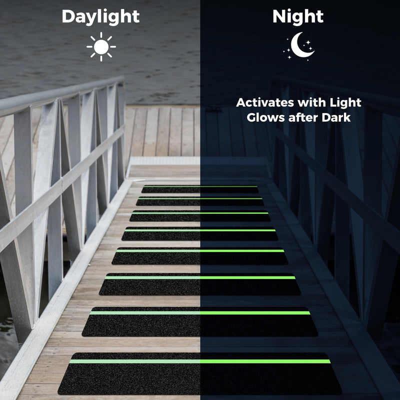 10 Pack 4” x 30” Anti Slip Traction Treads with Glow in The Dark Stripe, Outdoor Waterproof Non Skid Pre-Cut Tape with Roller, High Traction Friction Abrasive Adhesive for Stairs Step 4" x 30" & 10-Pack Black with Glow in the Dark Strips