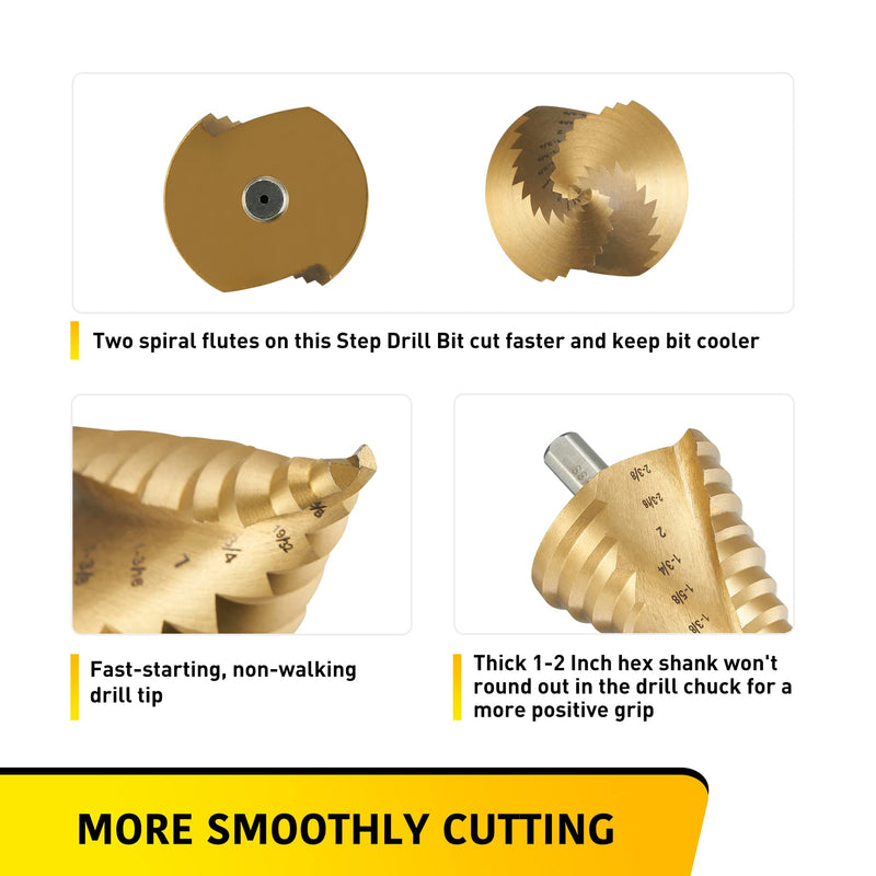 Anfrere Large Step Drill Bit, 1/4 to 2-3/8 inch High Speed Steel Drill Cone Bits for Sheet Metal Hole Drilling Cutting, Sprial Unibit Extra Large 2-3/8 inch 1pc M2 Larger Bit (Gold)