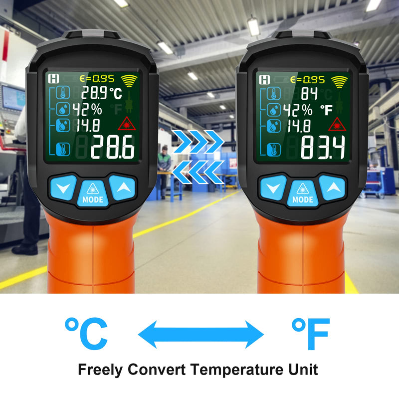 [Australia - AusPower] - MESTEK Infrared Thermometer Gun, Non Contact Digital Laser Thermometer Temperature Gun with Color LCD for Cooking, Home Repairs, Humidity Measurement, Adjustable Emissivity -58°F to 1472°F(-50~800°C) Orange -58°F to 1472°F 