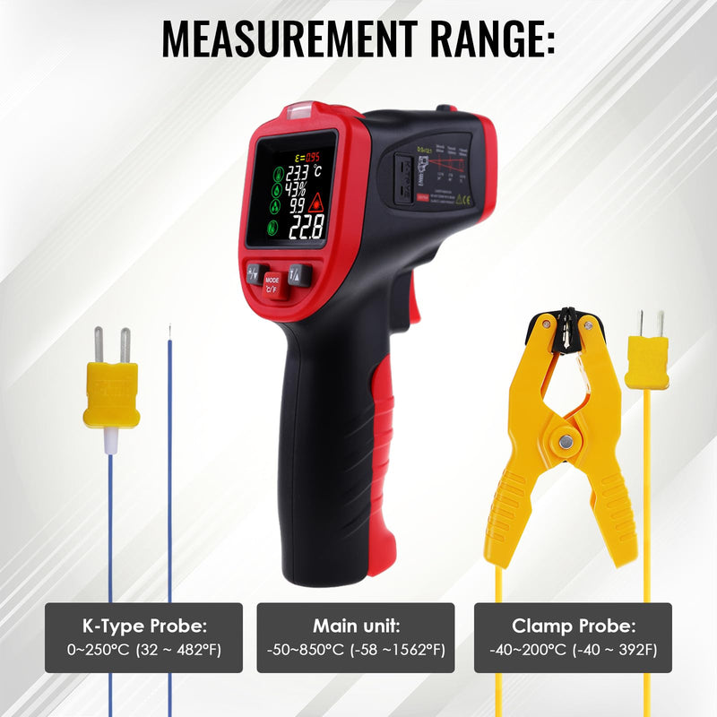 [Australia - AusPower] - Infrared Thermometer Gun with Pipe Temperature Clamp, High Accuracy HVAC Thermometer (-50°C to 850°C) for Cooking, Home Repair, Oven, HVAC, Automotive & Industrial Use, Adjustable Emissivity 