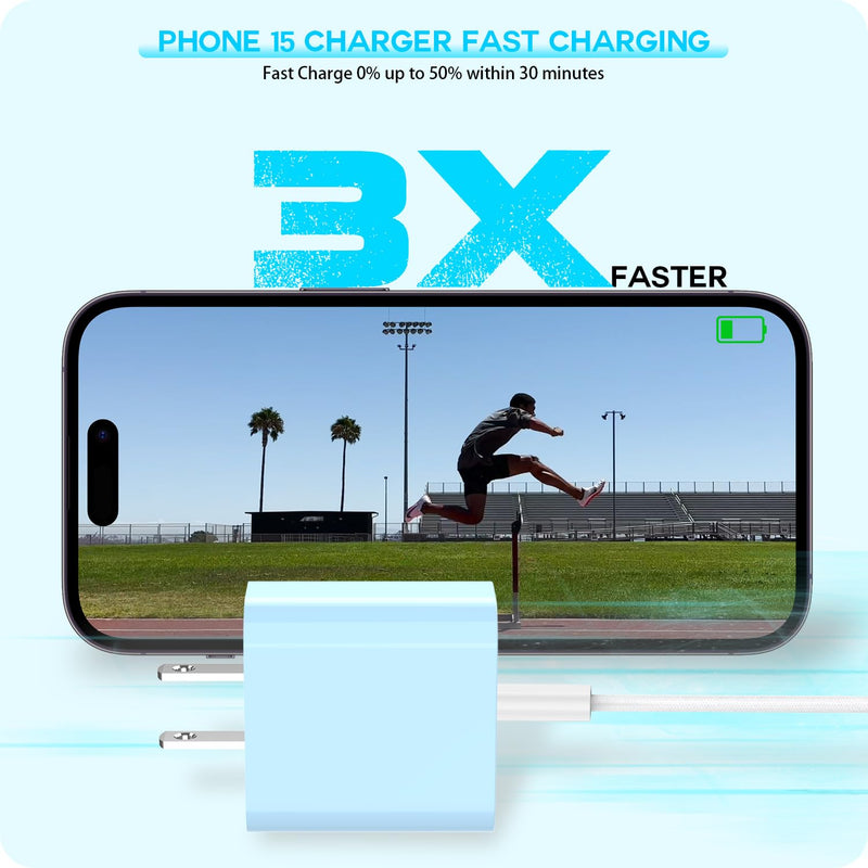 【Apple MFi Certified】20W USB C Fast Charger iPhone 17 16 15 Charge Block 3Pack 6 FT TypeC Fast Charger Cable for iPhone 17/17 Pro/17 ProMax/iPhone 16/16 ProMax/15 Plus All USB C Charging Devices(Blue) Blue