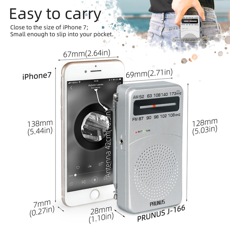 [Australia - AusPower] - PRUNUS J-166 Portable Radio AM FM, Battery Operated Radio with Tuning Light, Back Clip, Excellent Reception for Indoor & Outdoor & Emergency Radio, AM FM Radio Portable, Transistor Radio Silver 