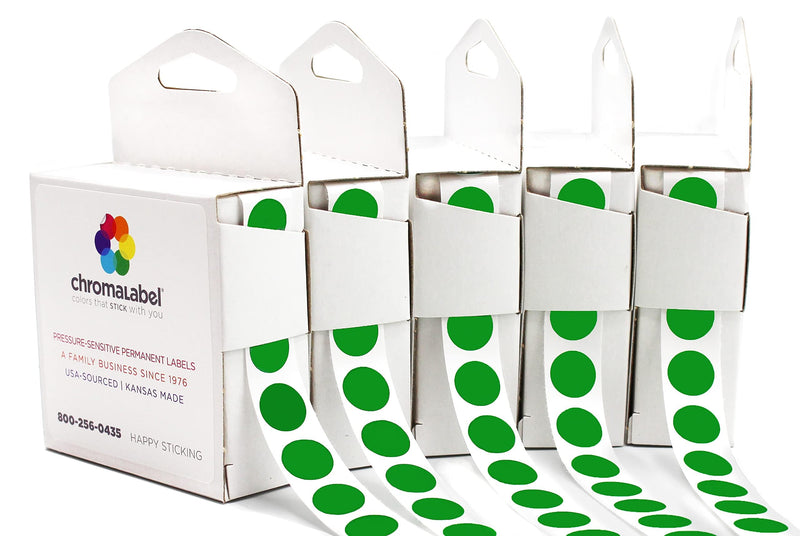 ChromaLabel 0.50 Inch Standard Green Permanent Adhesive Color Code Dot Label Kit, 1000 Stickers per Dispenser Box, 5 Pack 1/2" Pack of 5