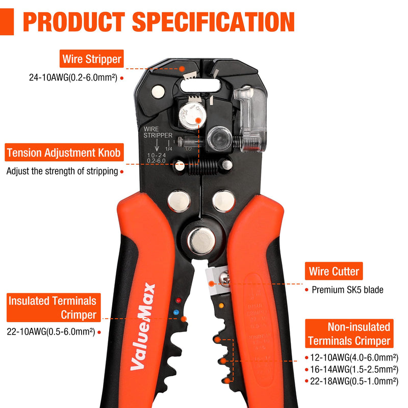 [Australia - AusPower] - DURATECH Magnetic Tape Measure 25FT with Fractions 1/8 with ValueMax 266PCS Wire Stripper Tool Kit, Self-Adjusting 8" Automatic Wire Stripping Tool for AWG 10-24 