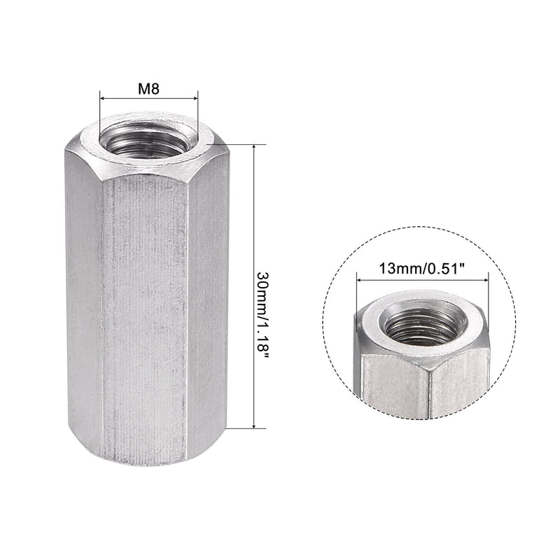 [Australia - AusPower] - uxcell M8 x 1.25-Pitch 30mm Length 304 Stainless Steel Metric Hex Coupling Nut, 5-Pack M8 x 30mm 
