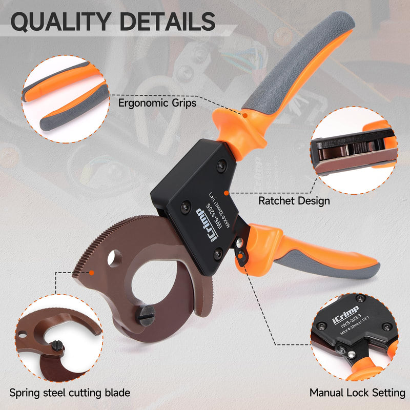 iCrimp Ratchet Cable Wire Cutter, Cuts Up to 32mm Diameter, Heavy-Duty Cable Cutter for Cutting Electrical Aluminum Copper and Multi-core Cables IWS-325S