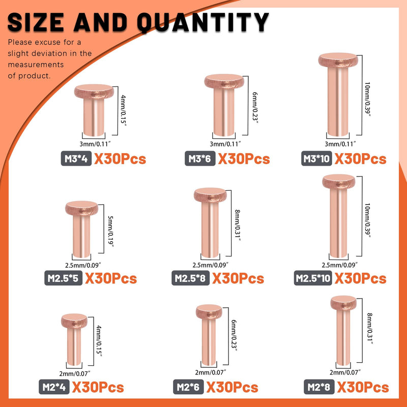 [Australia - AusPower] - 270Pcs Flat Head Copper Solid Rivets, M2x4/6/8, M2.5x5/8/10, M3x4/6/10 Solid Copper Rivets Fasteners for Electrical Applications Copper Finish Copper Tone 
