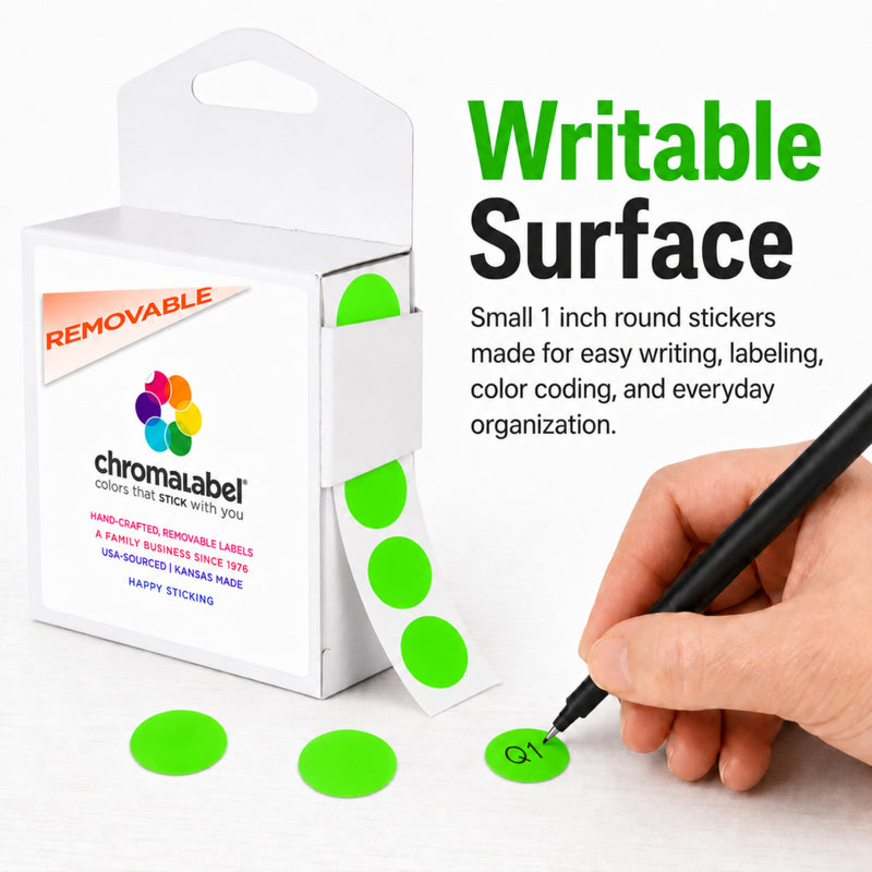 ChromaLabel 1 Inch Fluorescent Green Dot Stickers, Removable Round Color Coding Labels, 1,000 Green Circle Stickers in Dispenser Box for Inventory, Classroom, Office 1"