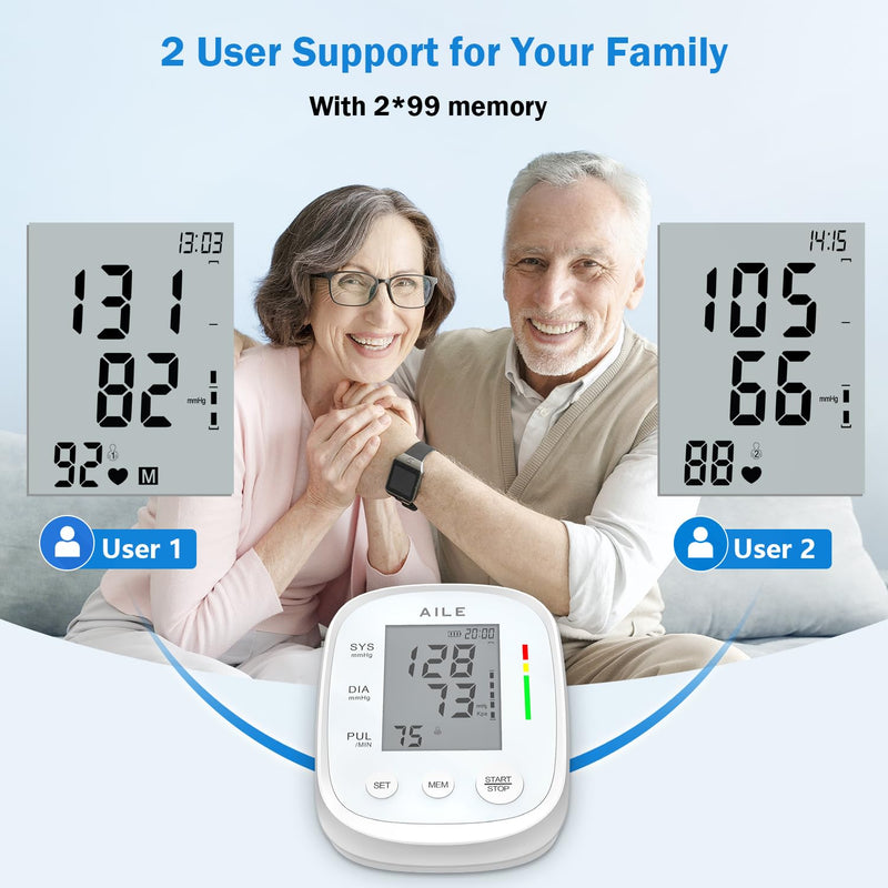 [Australia - AusPower] - Blood Pressure Monitor, AILE Blood Pressure Machine Upper Arm Large Cuff(8.7"-16.5"), High Automatic Blood Pressure Monitors Cuff for Home Use, (BP) Manual Arm Blood Pressure Monitors, 2 * 99 Memory White 