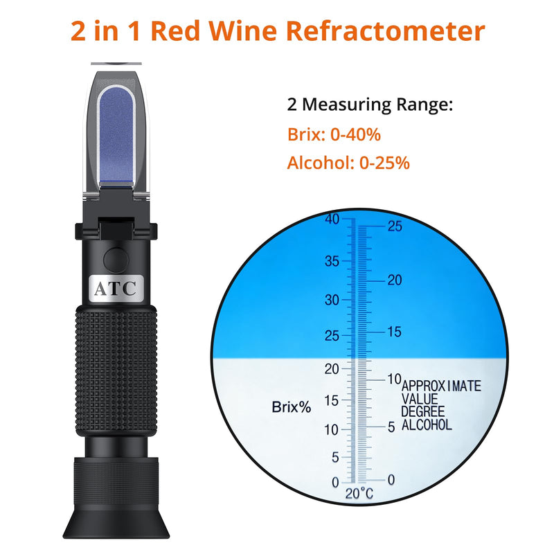 Proster Red Wine Refractometer Grape Wine Refractometer Wine Making Kit Brix Refractometer ATC Refractometers Brix Scale 0-40% Measures Sugar Content to Predict Alcohol Degree for Fruit Wine Black Brix 0-40%