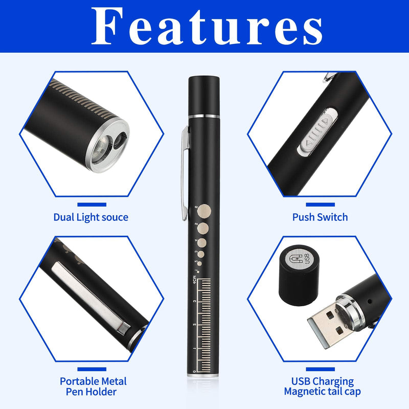 [Australia - AusPower] - Honoson Pen Light, Reusable LED Penlight for Students Doctors Nurses with 2 Light LED Sources, USB Rechargeable, Extra Warm Light Bulb, Pocket Clip (Black, Silver,2 Pieces) Black, Silver 
