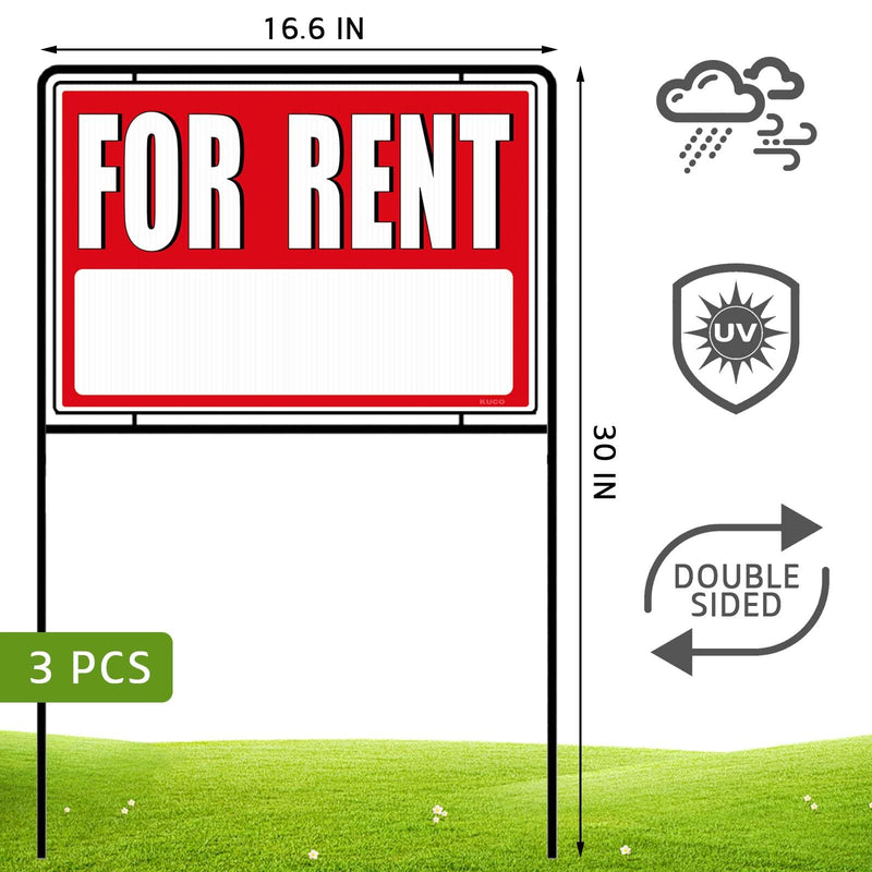 For Rent Signs with Stakes, Double-Sided Printing, For Rent Yard Signs, For Rent Sign with Stand,(3 Pack)
