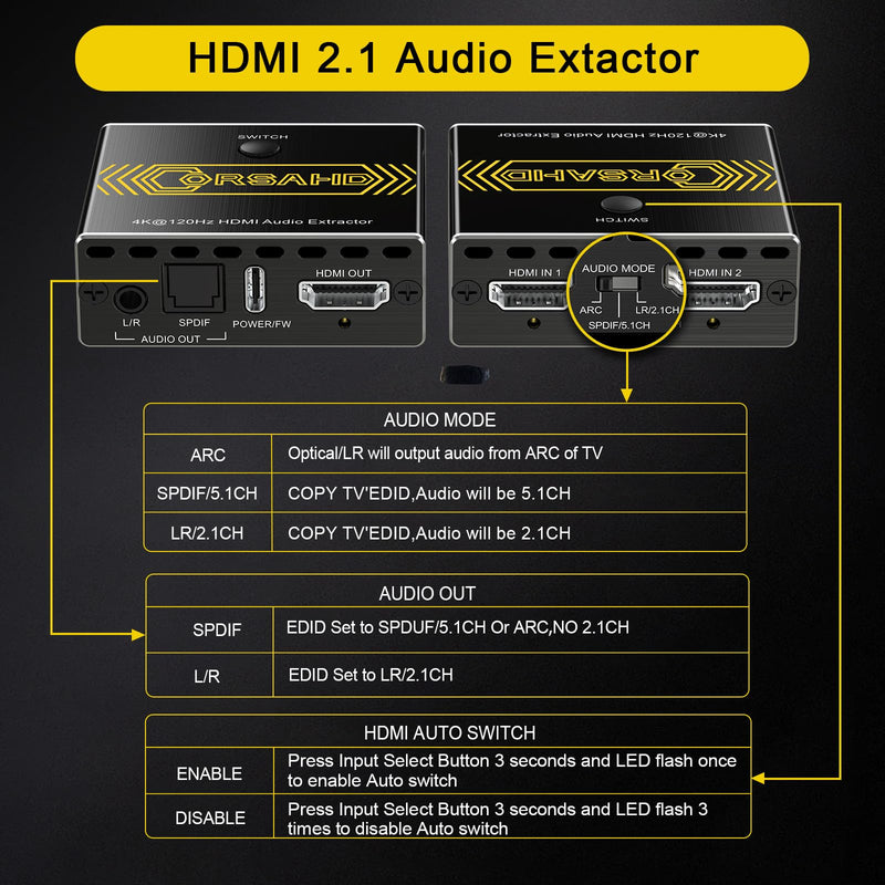 8K@60Hz 4K@120Hz HDMI2.1 Audio Extractor 2 in 1 Out Switch,48 Gbps,HDCP 2.3, SPDIF 5.1Ch,L/R 2.1Ch,Supports,ARC TV Apps,VRR,ALLM,HDCP Bypass,HDR,Dolby Vision Atmos,Soundbar,Graphics Card