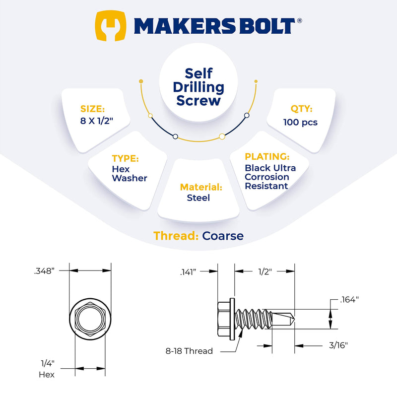 [Australia - AusPower] - #8 x 1/2 in. Black Exterior Self Drilling Screws, Hex Washer Head (100 pcs) by Makers Bolt #8 x 1/2" (100 pcs) 
