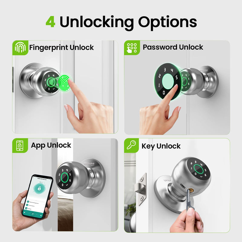 GHome Smart Fingerprint Door Lock, 4 in 1 Smart Fingerprint Door Knob with Keypad, App Control, Auto Lock, Biometric Door Knob with Lock for Bedroom, Apartment, Garage, Home & Office 4 IN 1- Silver