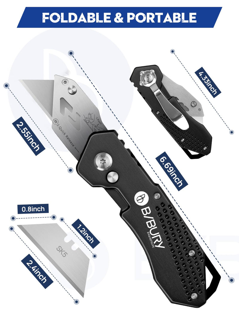 [Australia - AusPower] - Utility Knife, BIBURY Upgraded Version Heavy Duty Box Cutter, Pocket Carpet knife with 10 Replaceable SK5 Stainless Steel Blades, Belt Clip, Easy Release Button, Quick Change and Safety Lock-Black Black 