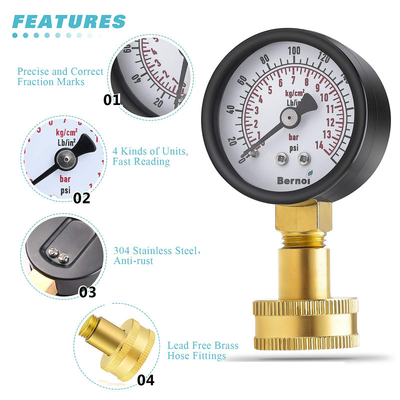 [Australia - AusPower] - Water Pressure Gauge Kit,Universal Water Pressure Test Gauge with Lead-Free Brass Hose Fittings,3/4" Female Coupler Plus 5 Adapters to Test in Multiple Systems,0-200 Psi Hydraulic Pressure Tester 2.1" Dial 