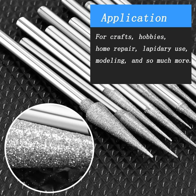 [Australia - AusPower] - Luo ke 10 Pcs Cone Shape Diamond Burr Set - 3/32'' Shank Diamond Cone Burs Stone Carving Bits for Rotary Tool Include Dremel 10pc Cone Shape 