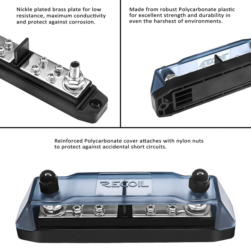 RECOIL BBPG5 Busbar Positive and Negative 2 x 5/16” Studs and 8 x #8 Screw Terminals Power Distribution Block with Ring Terminals Discrete Two Sets of 1x5/16" Studs & 4 Screws