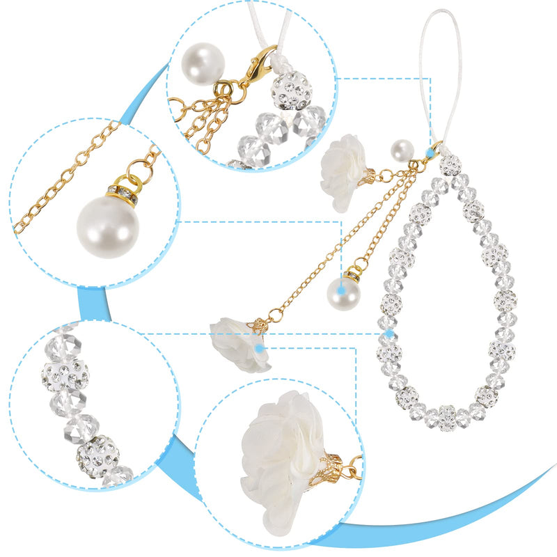 [Australia - AusPower] - Phone Charm String Phone Chain Strap Cute Keychains Beaded Phone Strap Cell Phone Charms Beaded Lanyard Kawaii Creative Crystal Flower Pendant（White） GBYBY5768 