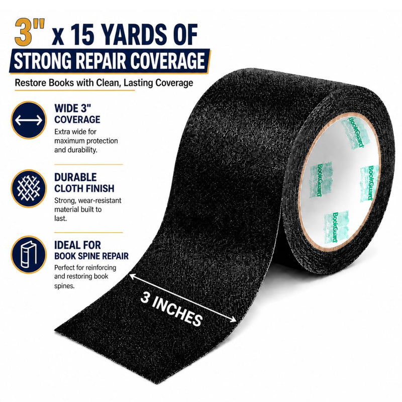 BookGuard Book Binding Tape, 3 Inch Black Flexible Cloth Spine Repair Tape for Library Binding, Book Spines, Hinges, Covers, Bibles, Hymnals, Libraries, Schools, 15 Yard Roll 3" Wide 1