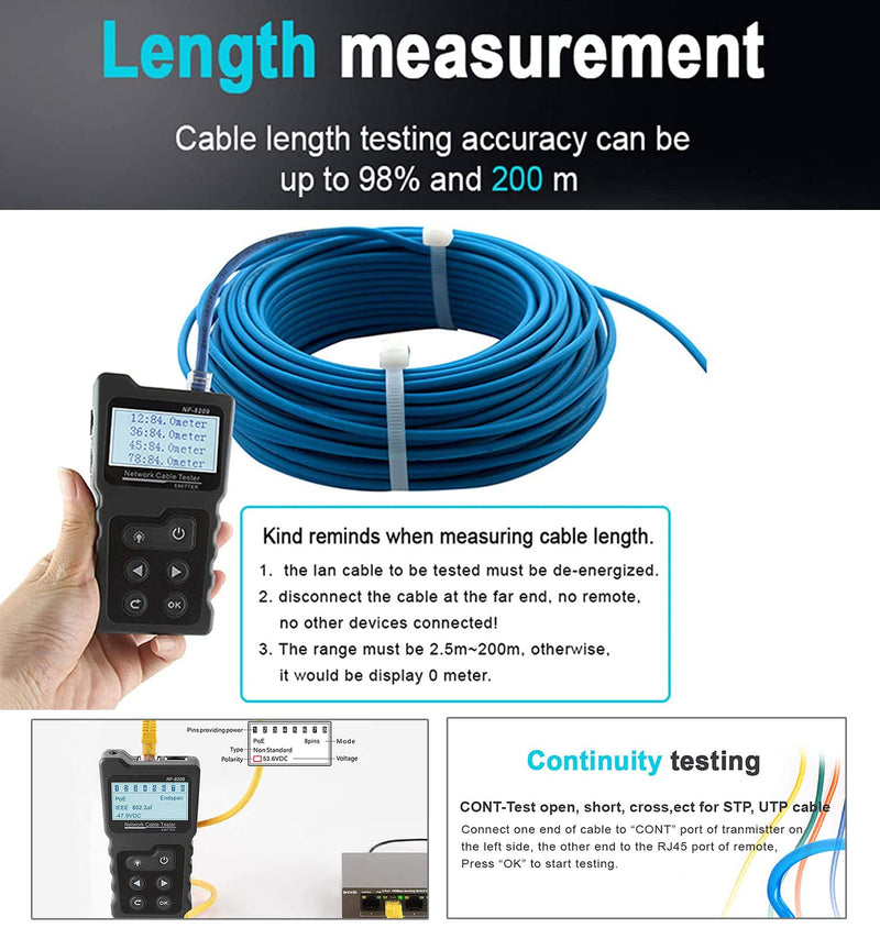 [Australia - AusPower] - NOYAFA NF-8209 Advanced Network Cable Tester for poe test/NCV/cat5/cat5e/cat6/cat6a,Length Measurement/Underground Telephone Line Wiremap Tester&Continuity Testing/by TDR Grey 