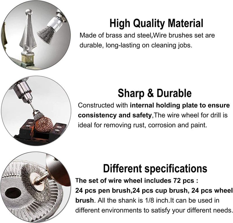 Rocaris Wire Buffing Wheel Brush Set, Wire Brush Set 1/8" Shank for Rotary Tools Accessories Polish Clean Tools, 120 Pack