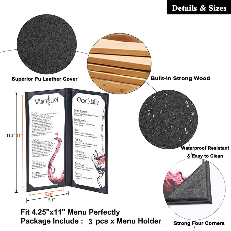[Australia - AusPower] - 4.25 x 11 inches Menu Holder 3 Packs Menu Covers 2 View Leather Book Style Double Fold Panel for Restaurant Coffee Bars?4.25” x 11” /Book Style /3 Pcs? 4.25 x 11 inch/Book Style / 3PCS 