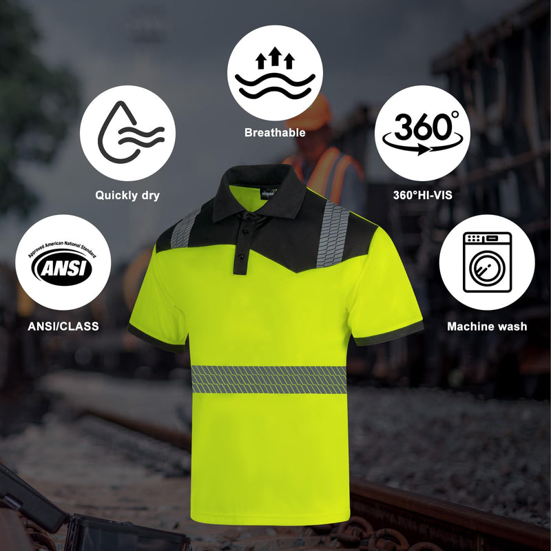 Hi Vis Safety Polo Shirts for Men 2 Pack Class 3 Reflective High Visibility Work Construction Short Sleeve T Shirts 4X-Large Yellow