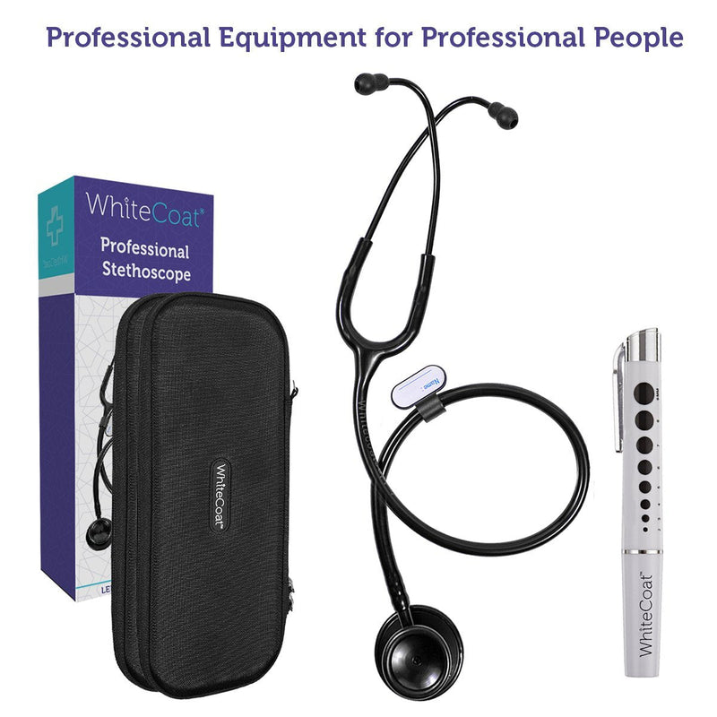 White Coat Dual Head Stethoscope, Lightweight and Acoustical with Protective Case – Jet Black Plus LED Pen Light Pupil Gauge