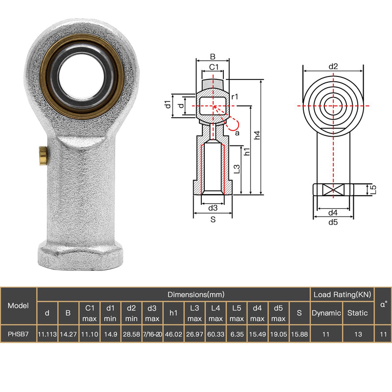 [Australia - AusPower] - 2Pcs 7/16 Inch Rod End Heim Joint,PHSB7 Mini Heim Joint Rod End Bearing 7/16-20 Female Thread Right Hand PHSB 