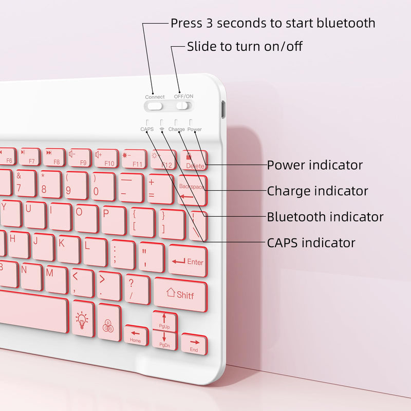 [Australia - AusPower] - XIWMIX Ultra-Slim Wireless Bluetooth Keyboard-7 Colors Backlit Universal Rechargeable Portable Keyboard for iPad Pro/Air/Mini/iPad 9.7/iPad 10.2/Samsung Tablet & Other iOS Android Windows Devices-Pink light pink backlit 