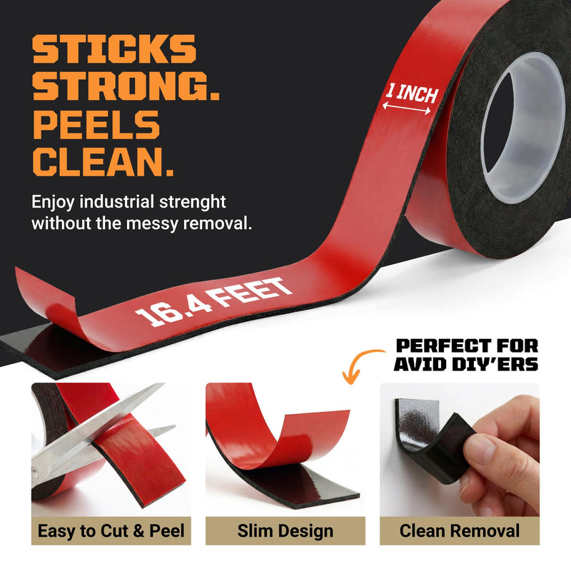 TOOLTROOPERS Wall-Safe Double-Sided Mounting Tape - Heavy-Duty 2-Sided Adhesive Tape - Damage-Free Removal, No Residue - Easy-Peel Liner for Home, Office, DIY, Posters & Signs – 16.4 ft Roll (Black)