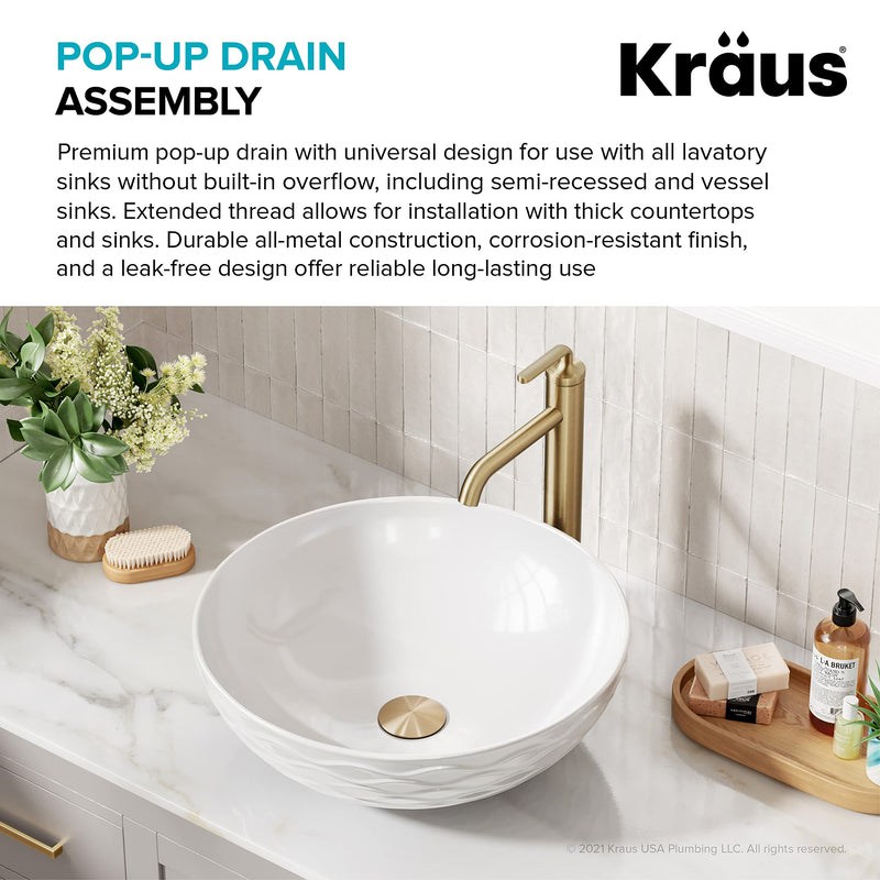 KRAUS Bathroom Sink Pop-Up Drain Assembly in Brushed Gold for Vessel Sinks and Sinks without Overflow, with Extended Thread for Thicker Countertops, PU-L10BG 10 3/4 Inch