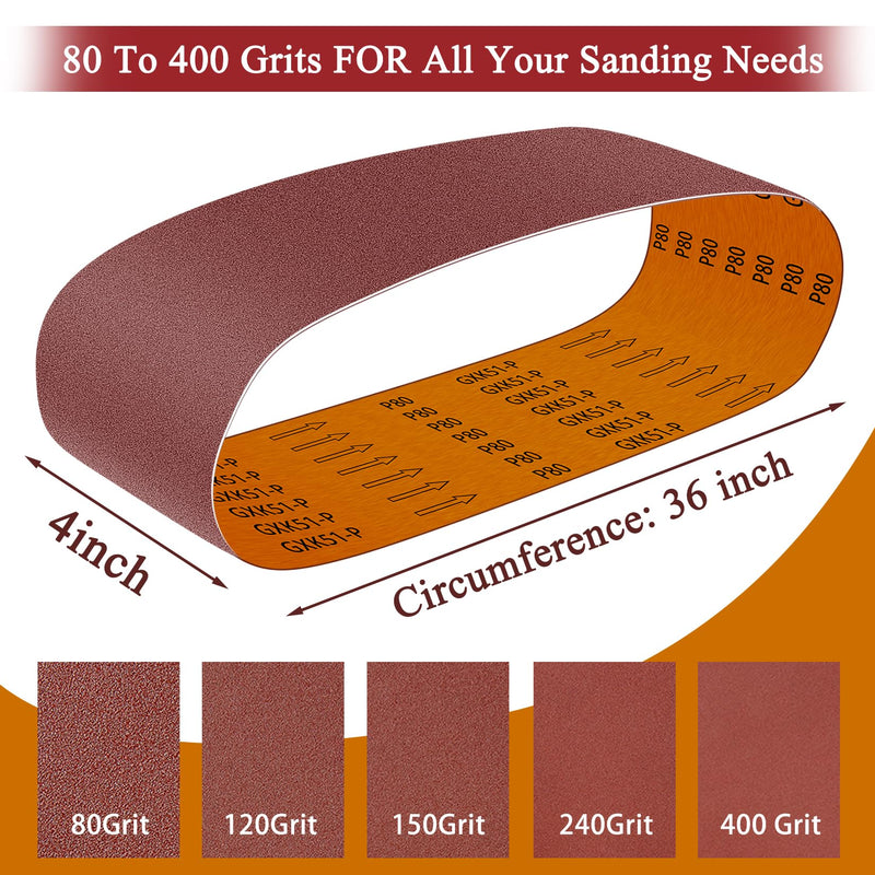 [Australia - AusPower] - 4 x 36 Inch Alumina Sanding Belts (80/120/150/240/400 Grits) and 6 Grits 6-Inch Self Stick No Hole Sanding Disc 11PCS Set for Aluminum Oxide Sanders, Sandpaper for Wood Metal Stainless Steel 11 