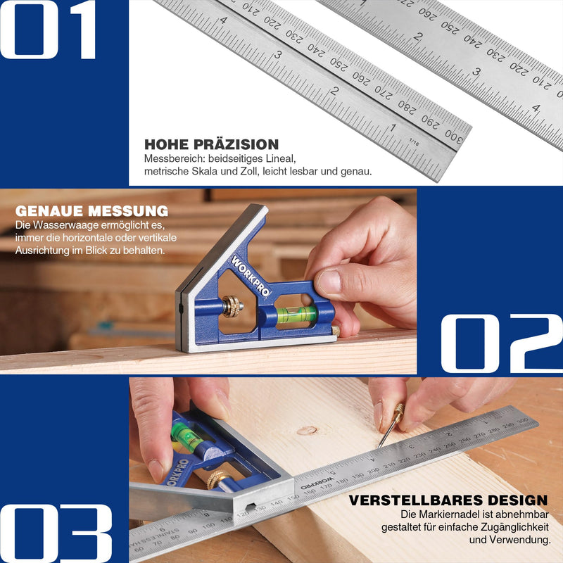 [Australia - AusPower] - WORKPRO Combination Square 300 mm, Try Square Universal Angle with Spirit Level and Scribe Needle, Adjustable Protractor Made of Stainless Steel 90/45 Degree Measuring Tool with Zinc Alloy Handle 300mm 
